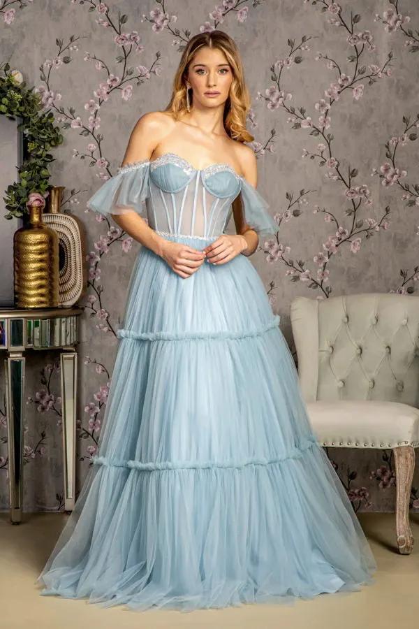 Sequin Bead Sheer Bodice Off Shoulder Mesh A-line Long Dress by Tux-USA