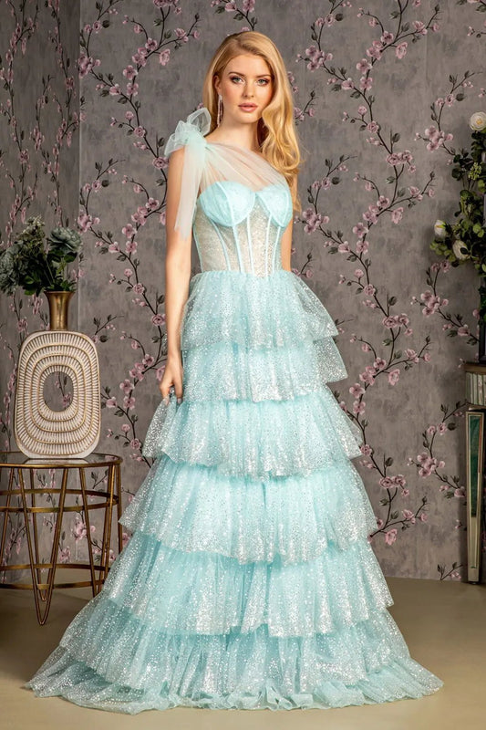 Glitter Sheer Bodice Ribbon Straps Ruffled Skirt Mesh A-line Long Dress by Tux-USA
