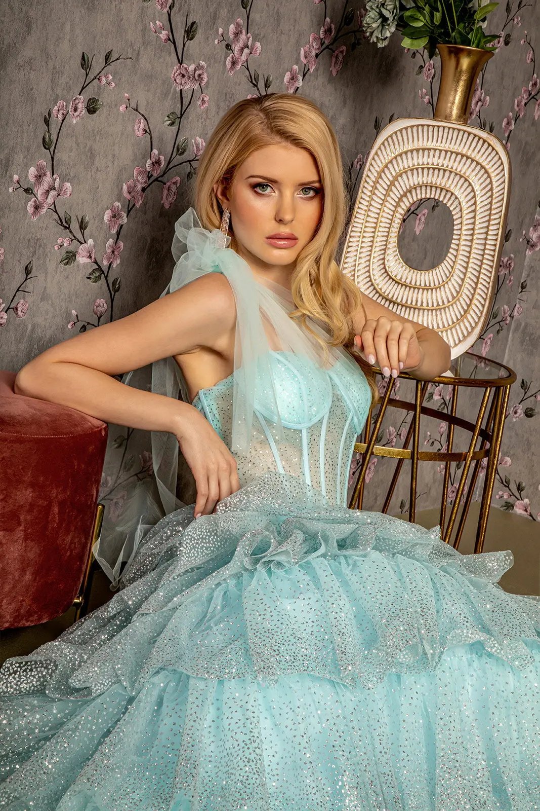 Glitter Sheer Bodice Ribbon Straps Ruffled Skirt Mesh A-line Long Dress by Tux-USA