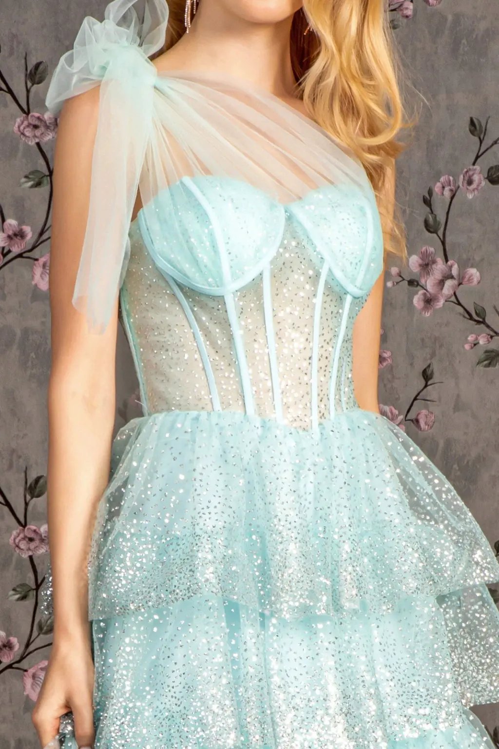 Glitter Sheer Bodice Ribbon Straps Ruffled Skirt Mesh A-line Long Dress by Tux-USA