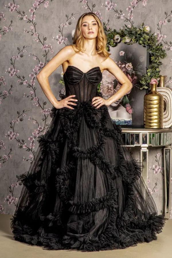Strapless Sheer Bodice Ruffled Skirt Mesh A-line Long Dress by Tux-USA
