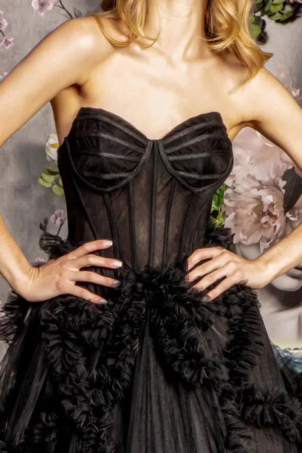 Strapless Sheer Bodice Ruffled Skirt Mesh A-line Long Dress by Tux-USA