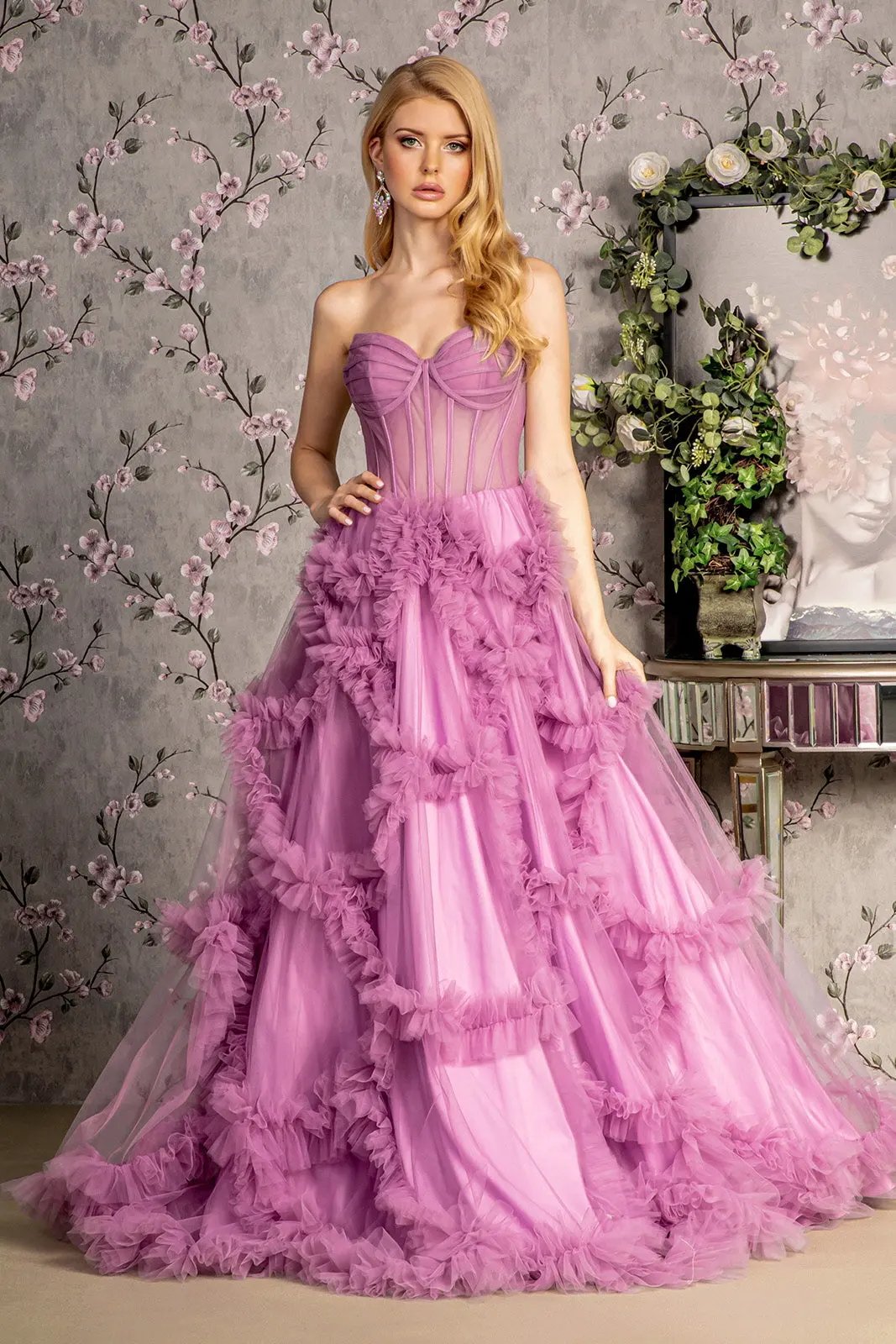 Strapless Sheer Bodice Ruffled Skirt Mesh A-line Long Dress by Tux-USA