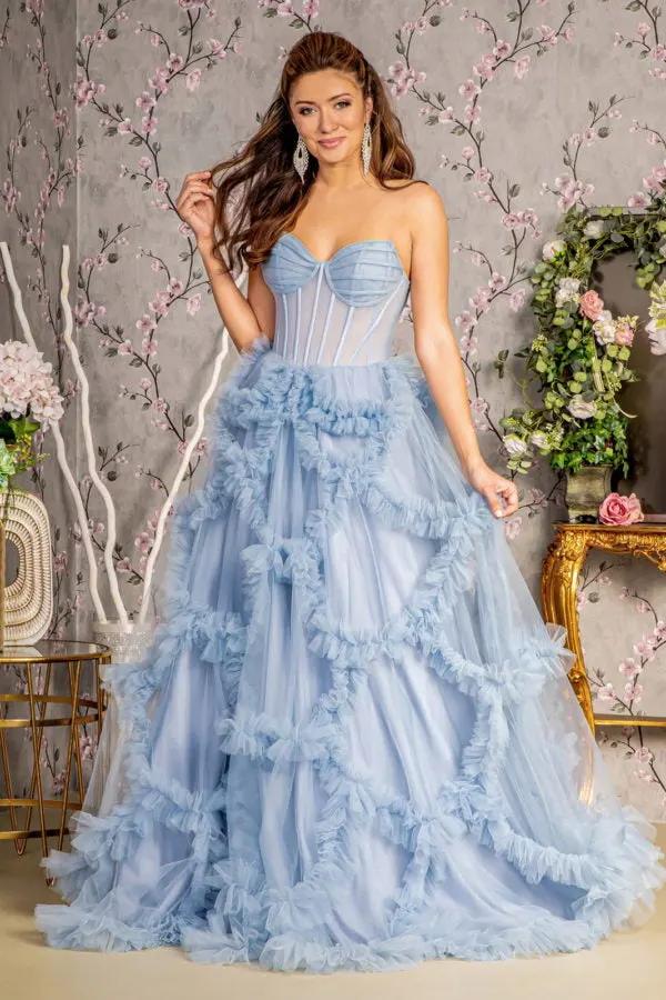 Strapless Sheer Bodice Ruffled Skirt Mesh A-line Long Dress by Tux-USA