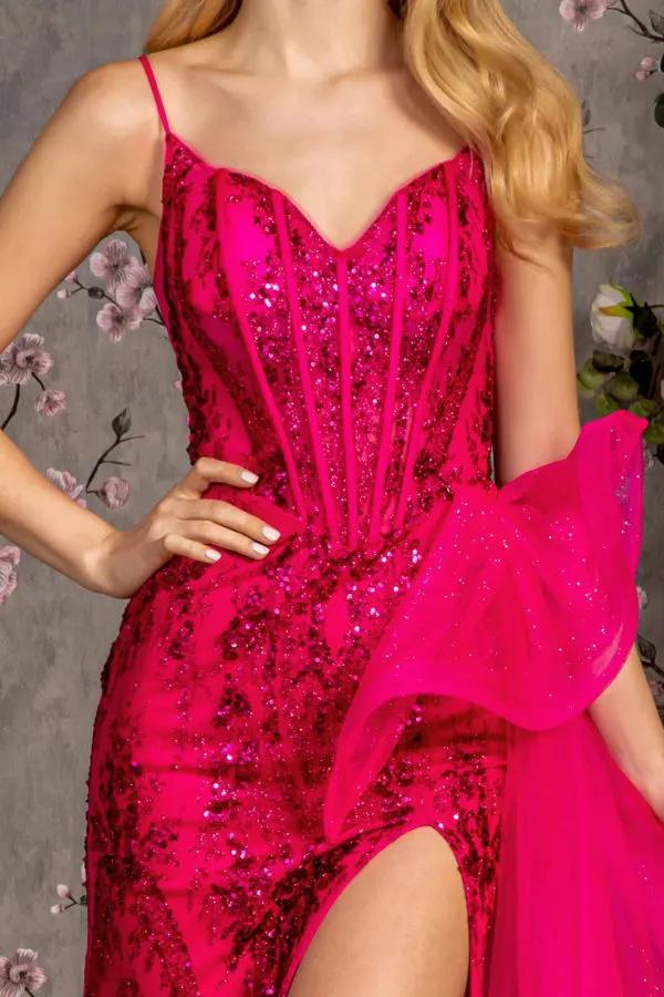 Glitter Mesh Mermaid Long Dress w/ Detachable Side Waist Drape by Tux-USA