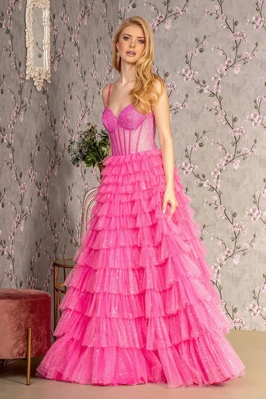 Glitter Sheer Corset Bodice Ruffled Skirt Mesh A-line Long Dress by Tux-USA