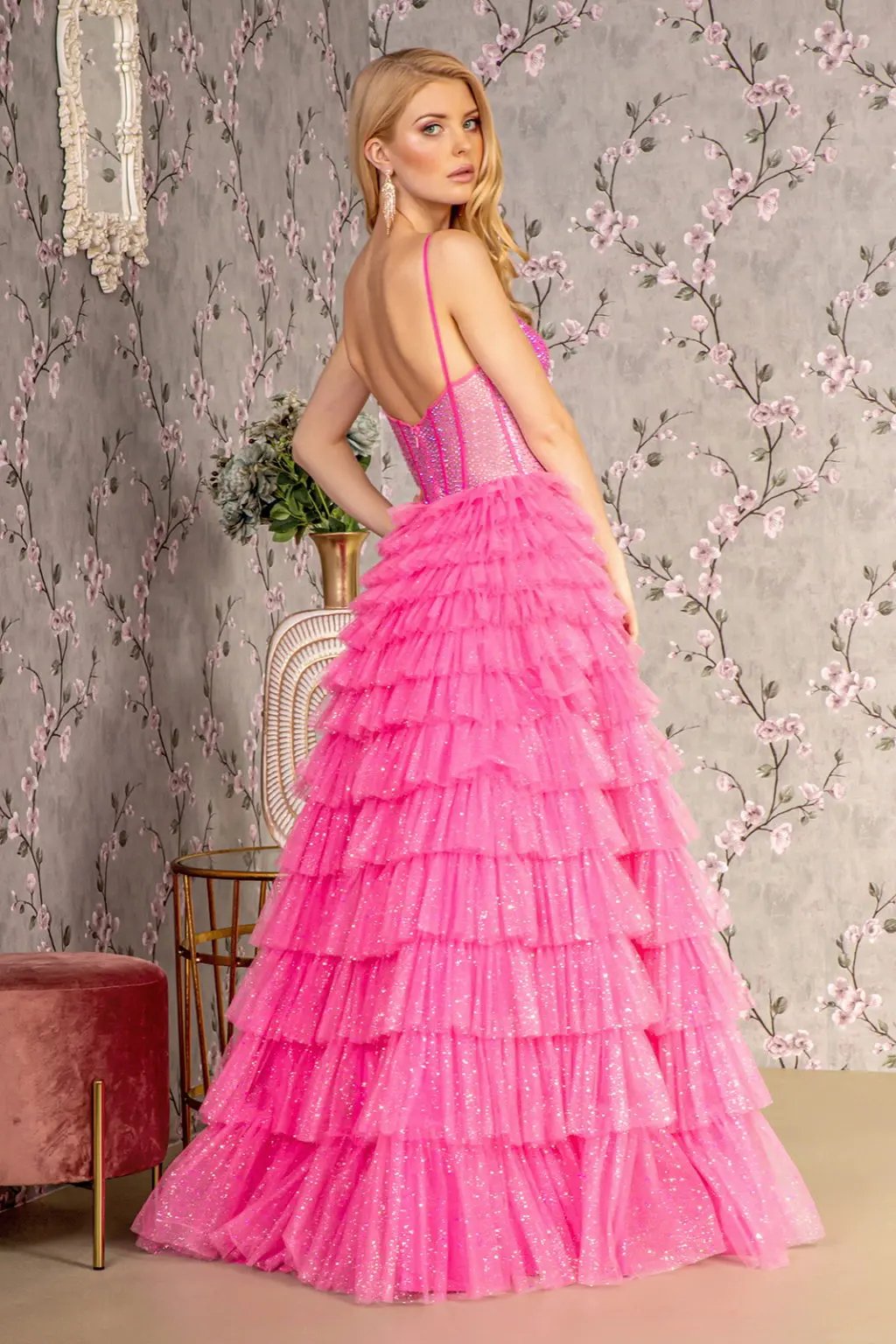 Glitter Sheer Corset Bodice Ruffled Skirt Mesh A-line Long Dress by Tux-USA