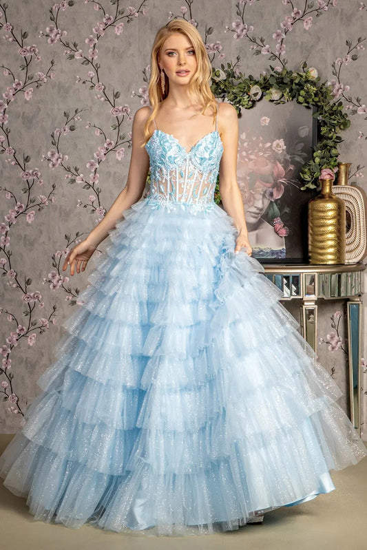 Embroidery Glitter Sheer Bodice Ruffled Skirt Mesh A-line Long Dress by Tux-USA