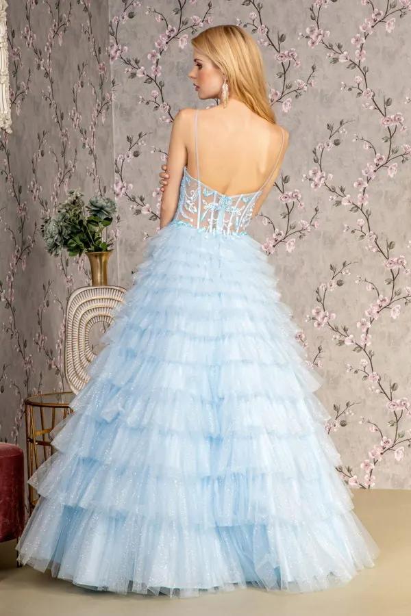 Embroidery Glitter Sheer Bodice Ruffled Skirt Mesh A-line Long Dress by Tux-USA