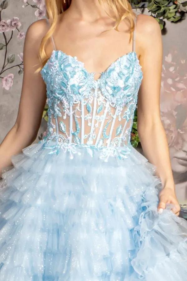 Embroidery Glitter Sheer Bodice Ruffled Skirt Mesh A-line Long Dress by Tux-USA