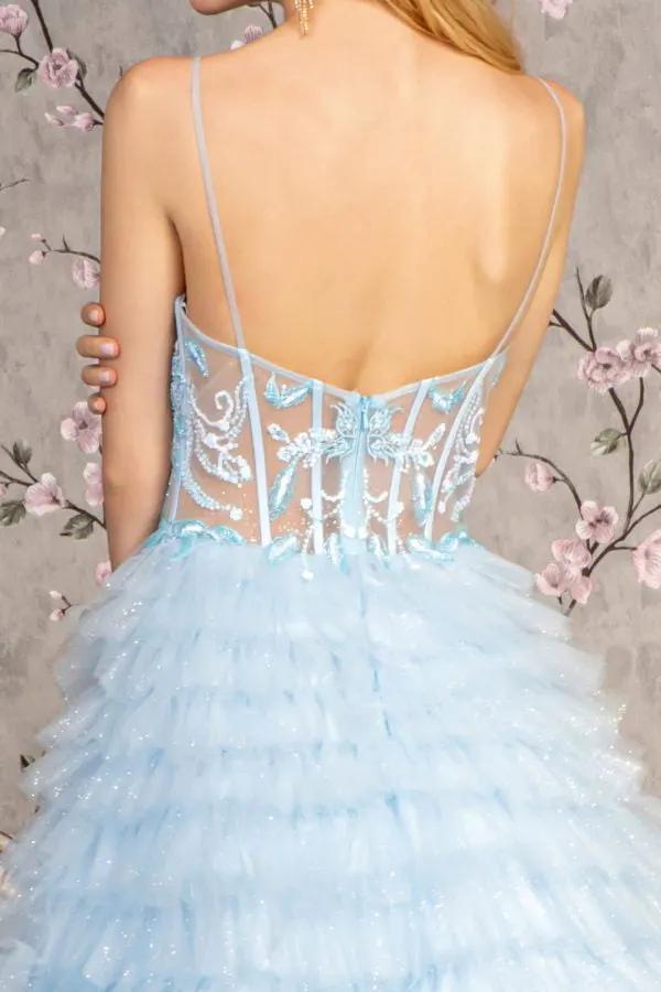 Embroidery Glitter Sheer Bodice Ruffled Skirt Mesh A-line Long Dress by Tux-USA