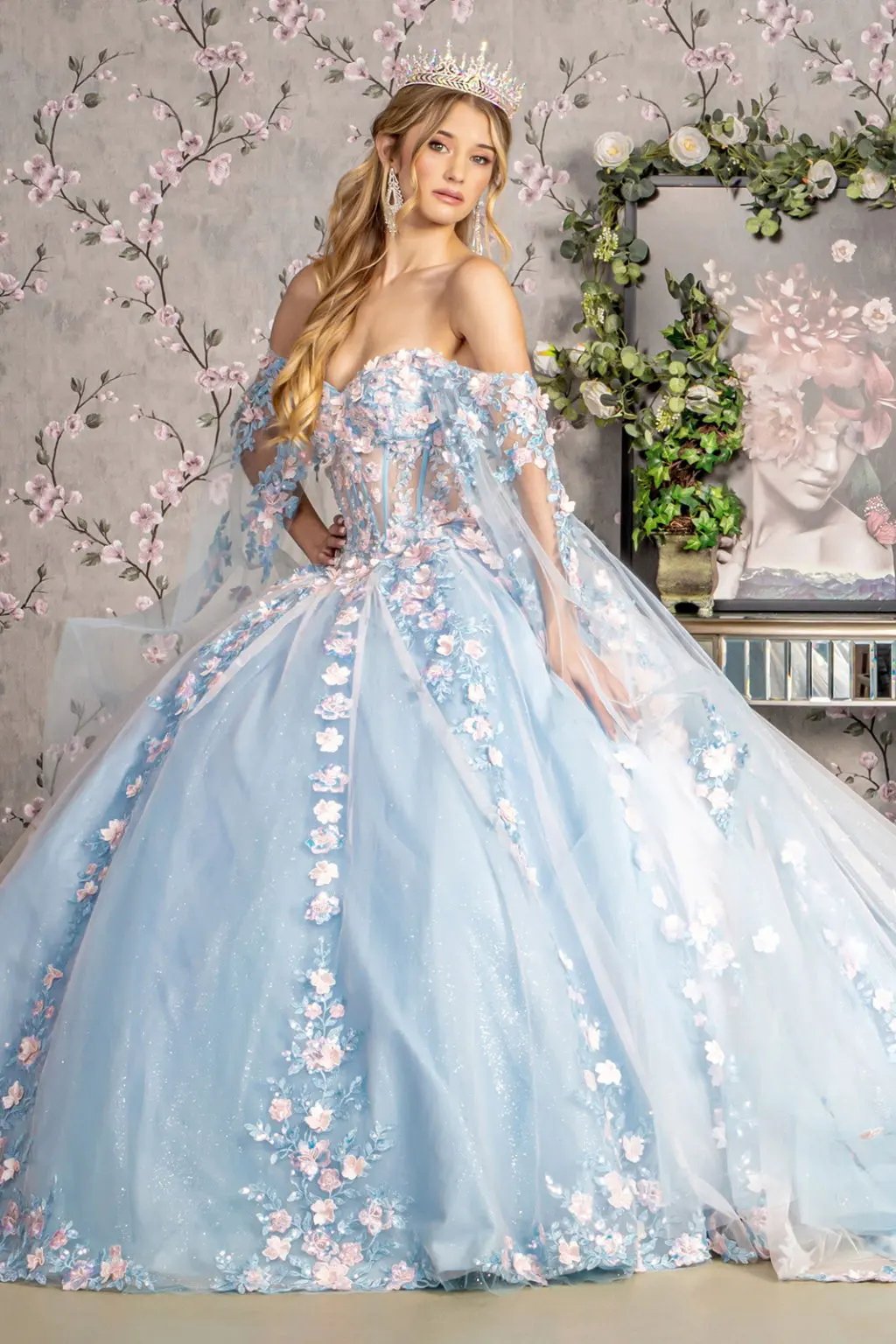 3-D Flower Sheer Bodice Mesh Ball Gown w/ Side Mesh Long Drapes by Tux-USA