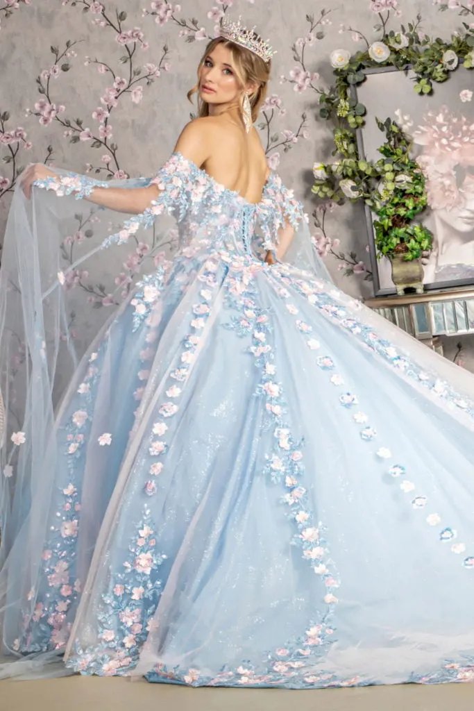 3-D Flower Sheer Bodice Mesh Ball Gown w/ Side Mesh Long Drapes by Tux-USA