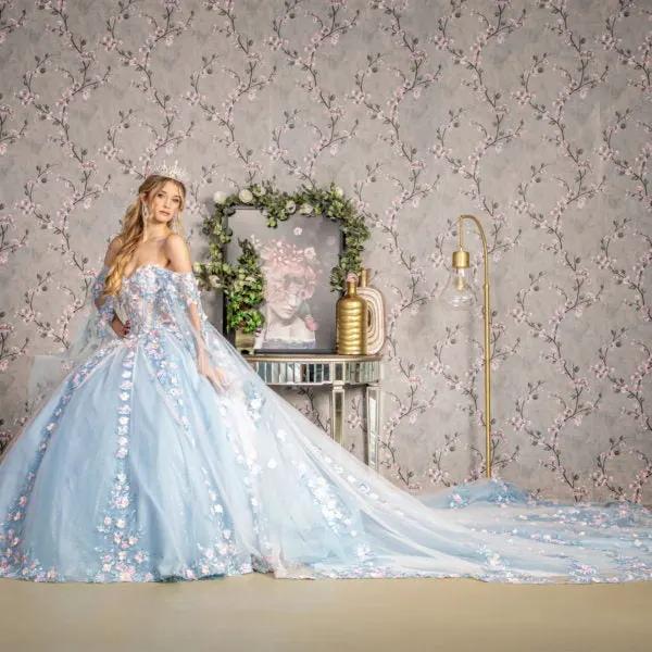 3-D Flower Sheer Bodice Mesh Ball Gown w/ Side Mesh Long Drapes by Tux-USA
