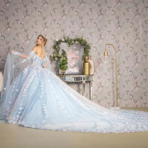 3-D Flower Sheer Bodice Mesh Ball Gown w/ Side Mesh Long Drapes by Tux-USA