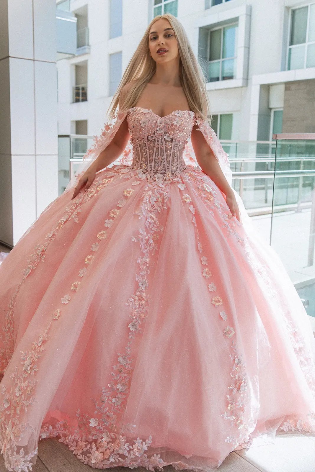 3-D Flower Sheer Bodice Mesh Ball Gown w/ Side Mesh Long Drapes by Tux-USA