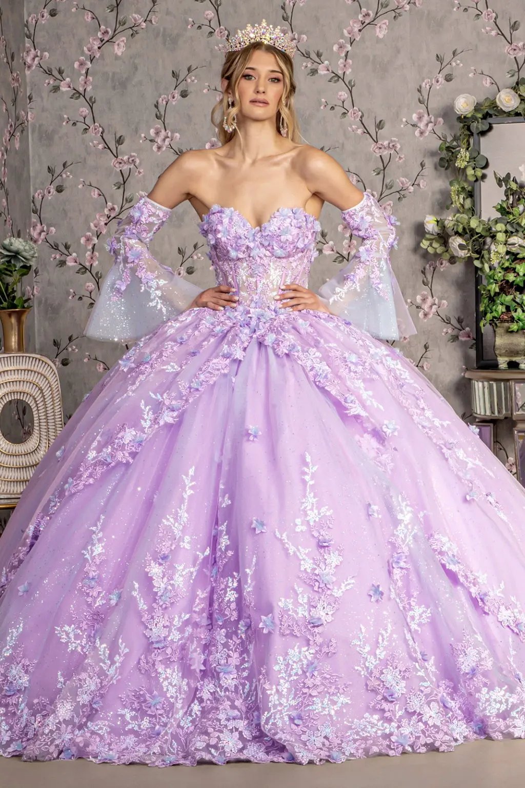 Jewel Sheer Bodice Mesh Ball Gown w/ Long Trumpet Sleeves by Tux-USA