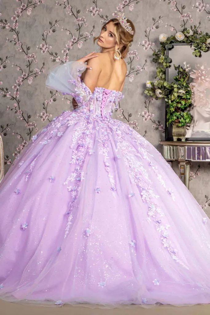 Jewel Sheer Bodice Mesh Ball Gown w/ Long Trumpet Sleeves by Tux-USA
