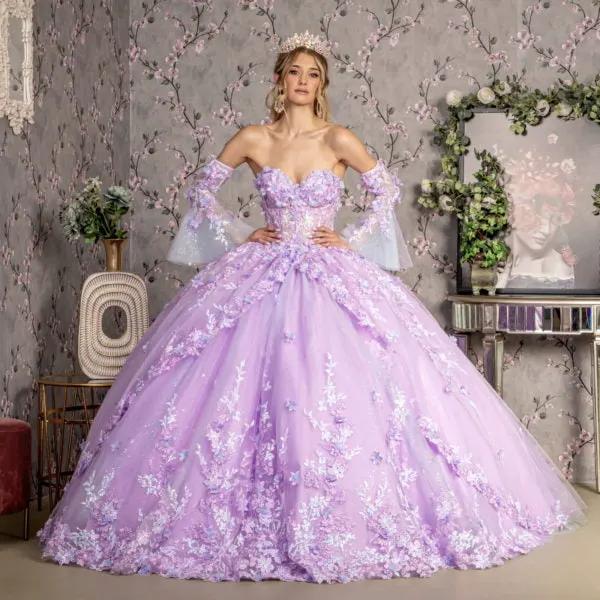 Jewel Sheer Bodice Mesh Ball Gown w/ Long Trumpet Sleeves by Tux-USA