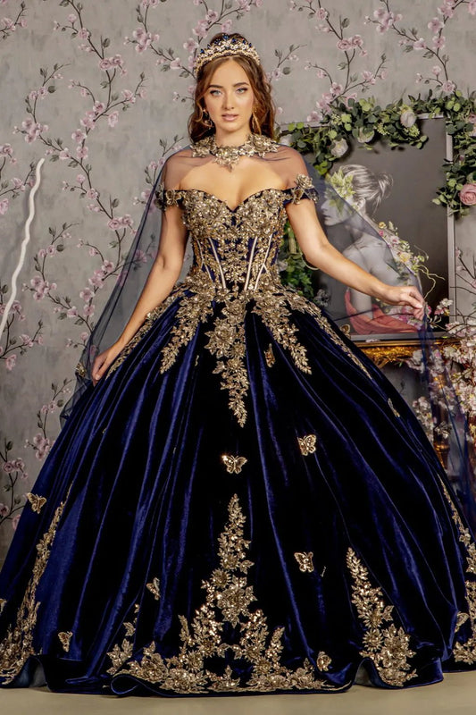 Metallic Embroidery Jewel Velvet Ball Gown w/ Long Mesh Cape by Tux-USA