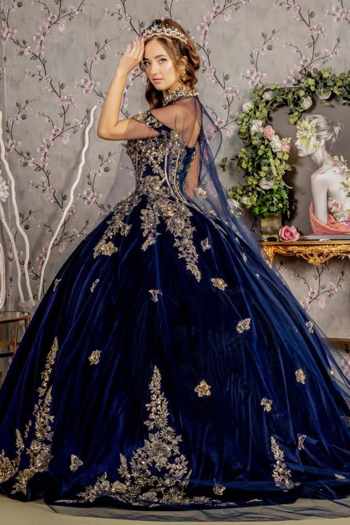 Metallic Embroidery Jewel Velvet Ball Gown w/ Long Mesh Cape by Tux-USA