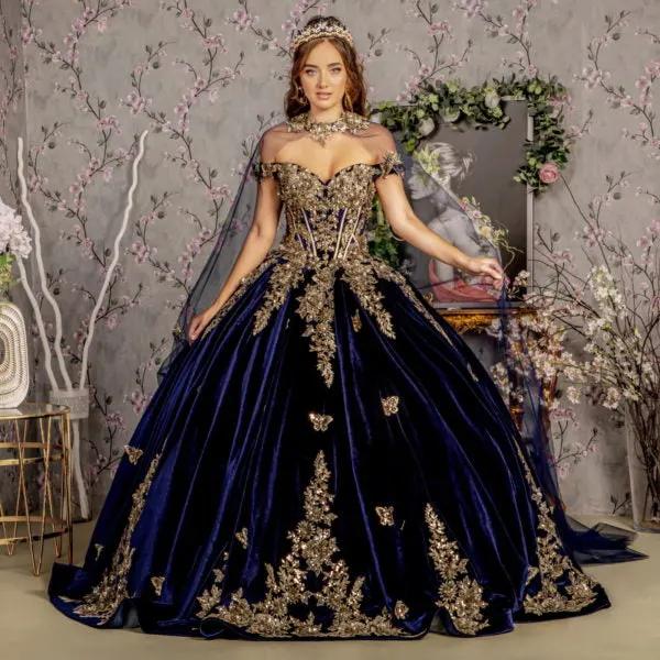 Metallic Embroidery Jewel Velvet Ball Gown w/ Long Mesh Cape by Tux-USA