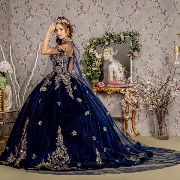 Metallic Embroidery Jewel Velvet Ball Gown w/ Long Mesh Cape by Tux-USA