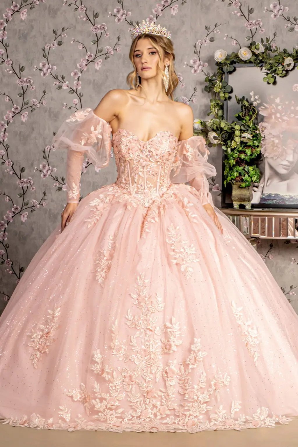 Glitter Embroidery Sheer Bodice Mesh Ball Gown w/ Long Puff Sleeves by Tux-USA