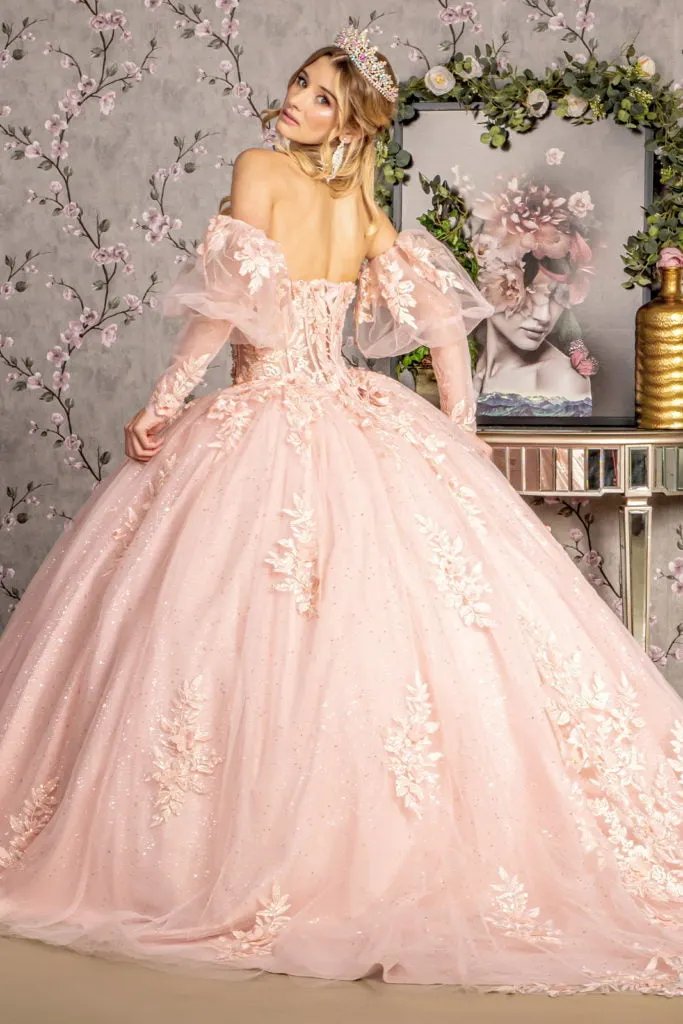 Glitter Embroidery Sheer Bodice Mesh Ball Gown w/ Long Puff Sleeves by Tux-USA
