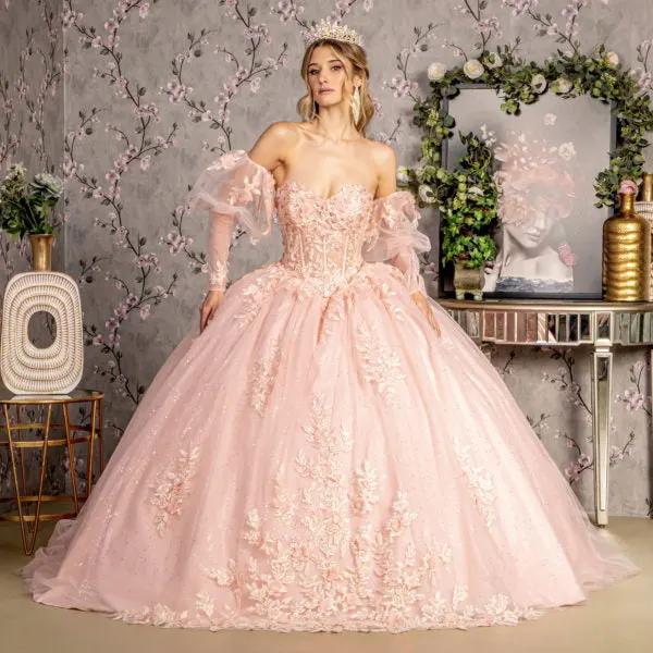 Glitter Embroidery Sheer Bodice Mesh Ball Gown w/ Long Puff Sleeves by Tux-USA