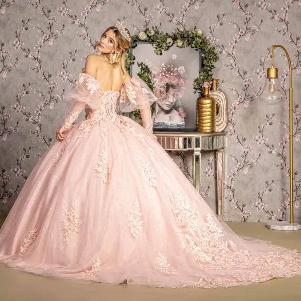Glitter Embroidery Sheer Bodice Mesh Ball Gown w/ Long Puff Sleeves by Tux-USA