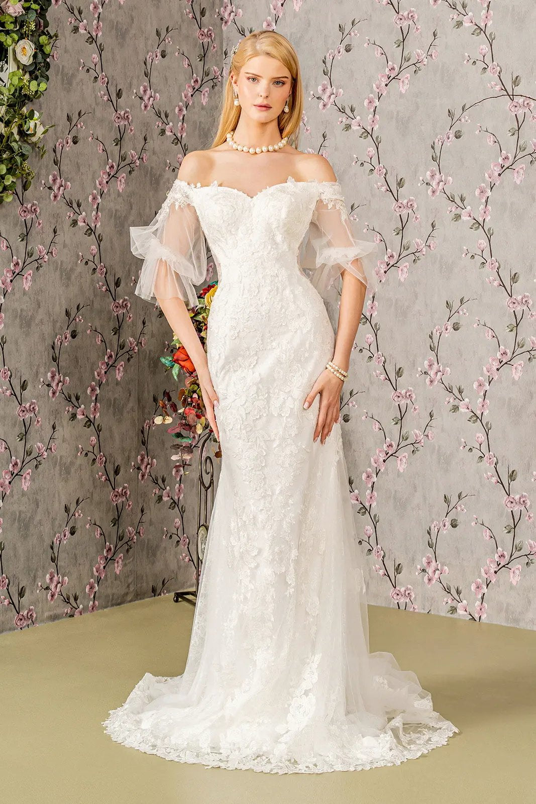 Floral Embroidery Bead Sheer Sleeves Mesh Mermaid Wedding Gown by Tux-USA