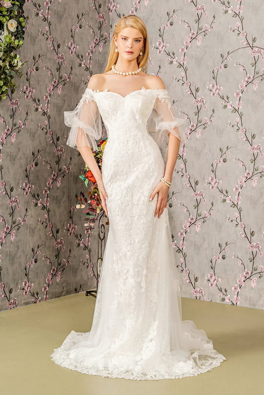 Floral Embroidery Bead Sheer Sleeves Mesh Mermaid Wedding Gown by Tux-USA