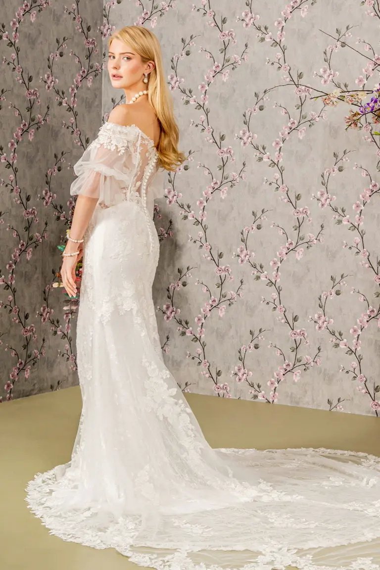 Floral Embroidery Bead Sheer Sleeves Mesh Mermaid Wedding Gown by Tux-USA