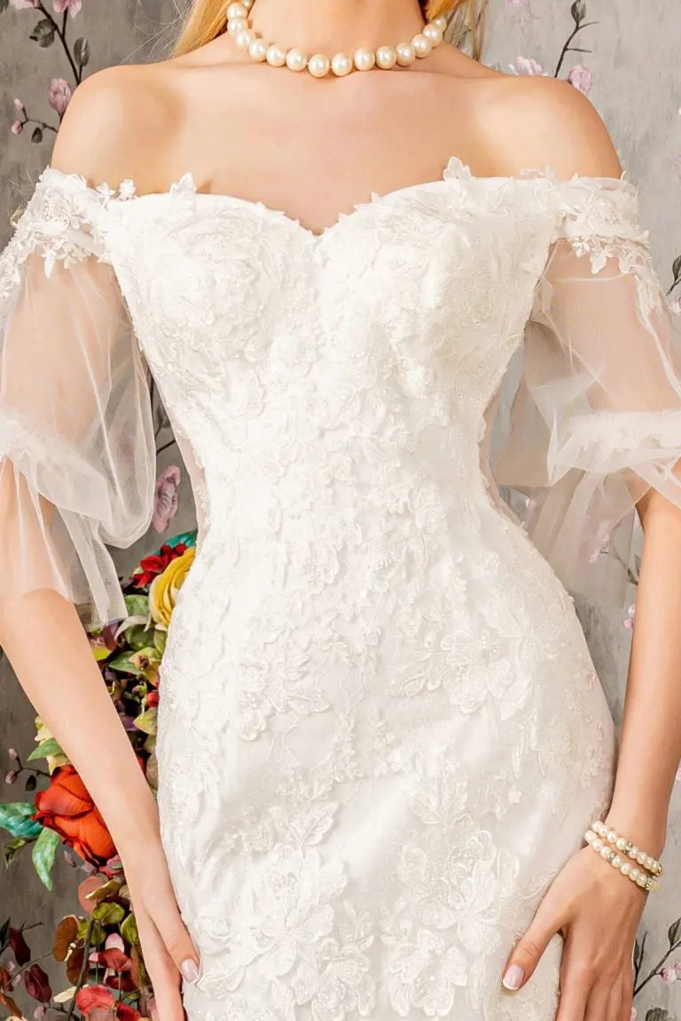 Floral Embroidery Bead Sheer Sleeves Mesh Mermaid Wedding Gown by Tux-USA