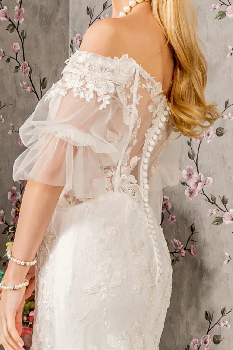 Floral Embroidery Bead Sheer Sleeves Mesh Mermaid Wedding Gown by Tux-USA