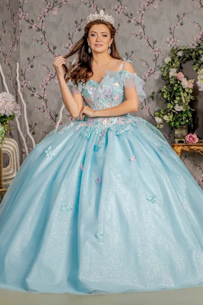 3-D Butterfly Jewel Glitter Ruffled Sweetheart Mesh Ball Gown by Tux-USA