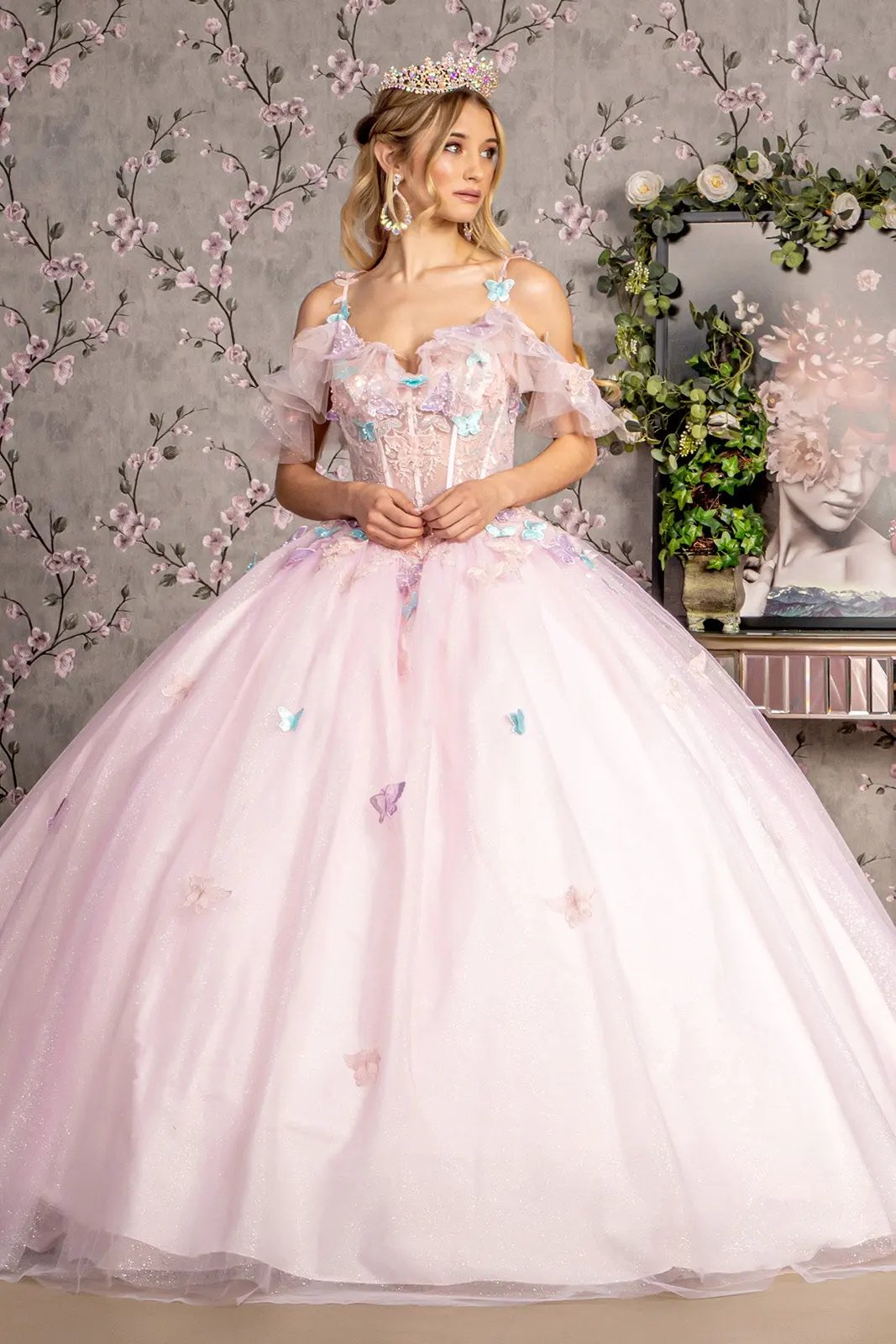 3-D Butterfly Jewel Glitter Ruffled Sweetheart Mesh Ball Gown by Tux-USA