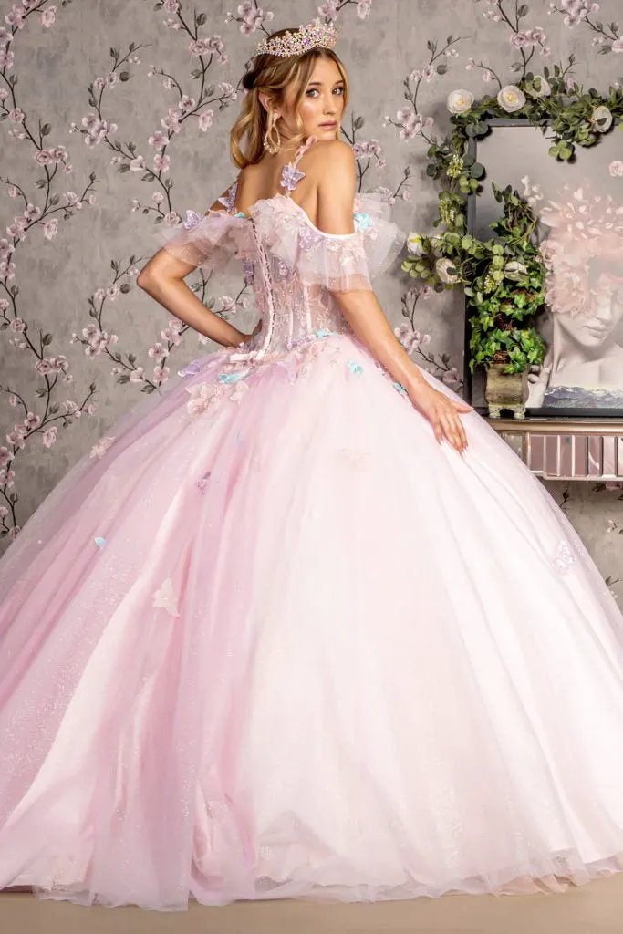 3-D Butterfly Jewel Glitter Ruffled Sweetheart Mesh Ball Gown by Tux-USA