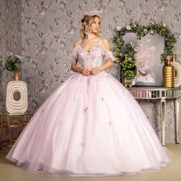 3-D Butterfly Jewel Glitter Ruffled Sweetheart Mesh Ball Gown by Tux-USA
