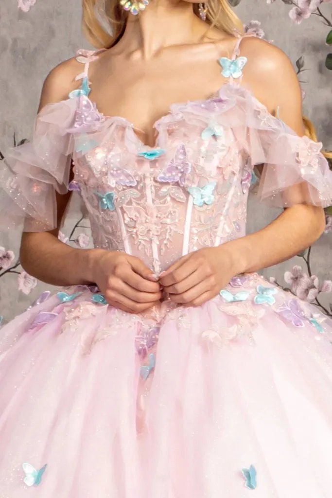 3-D Butterfly Jewel Glitter Ruffled Sweetheart Mesh Ball Gown by Tux-USA