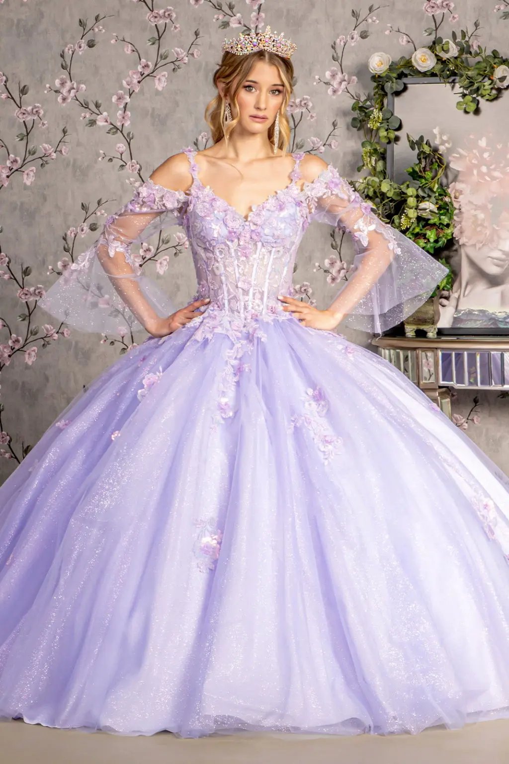 Jewel Glitter Sequin Sweetheart Mesh Ball Gown w/ Long Sleeves by Tux-USA