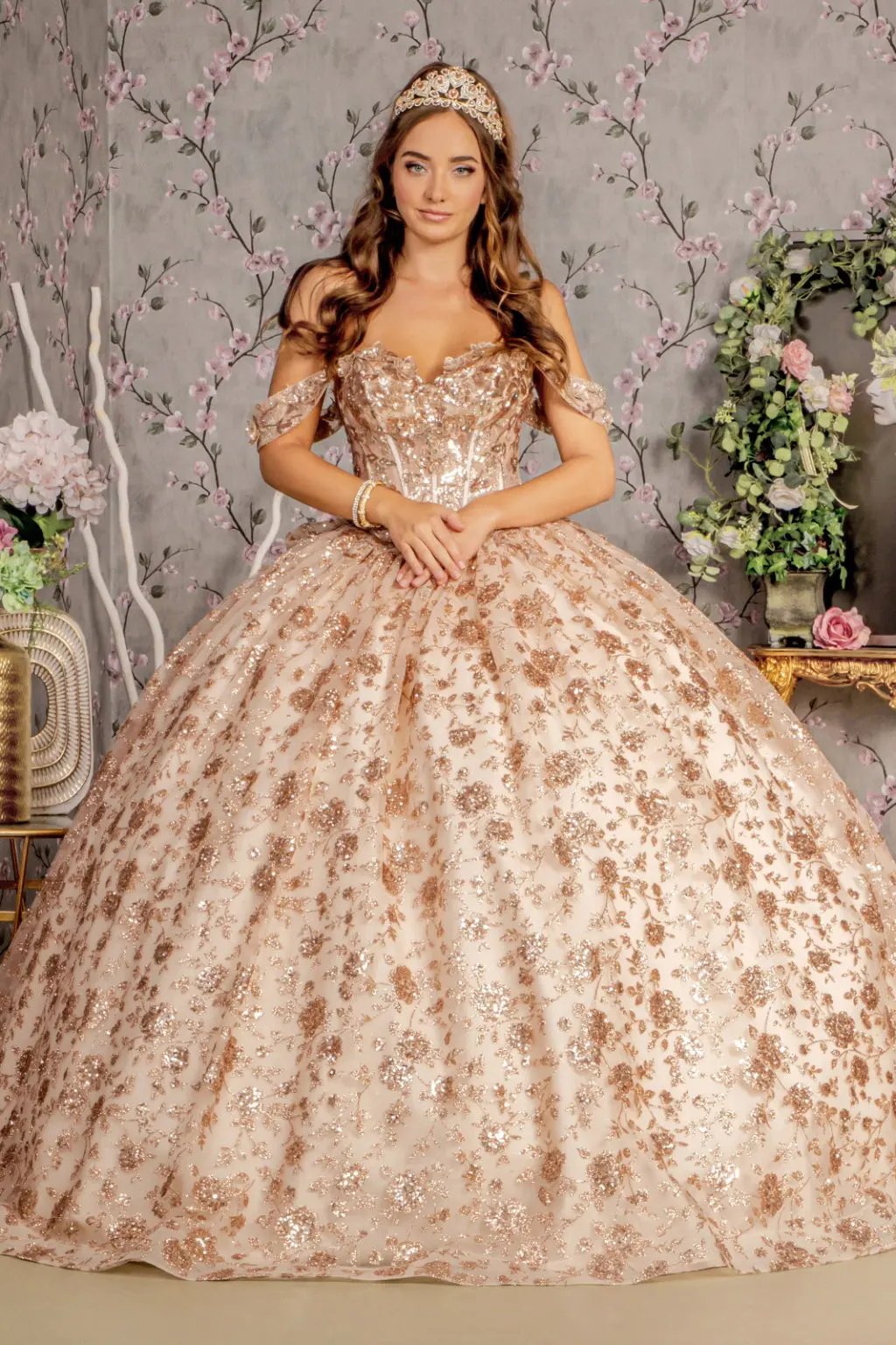 Metallic 3-D Flower Off Shoulder Mesh Ball Gown w/ Ruffled Back by Tux-USA