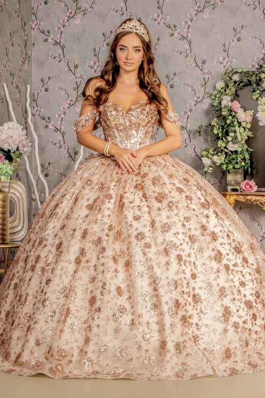 Metallic 3-D Flower Off Shoulder Mesh Ball Gown w/ Ruffled Back by Tux-USA