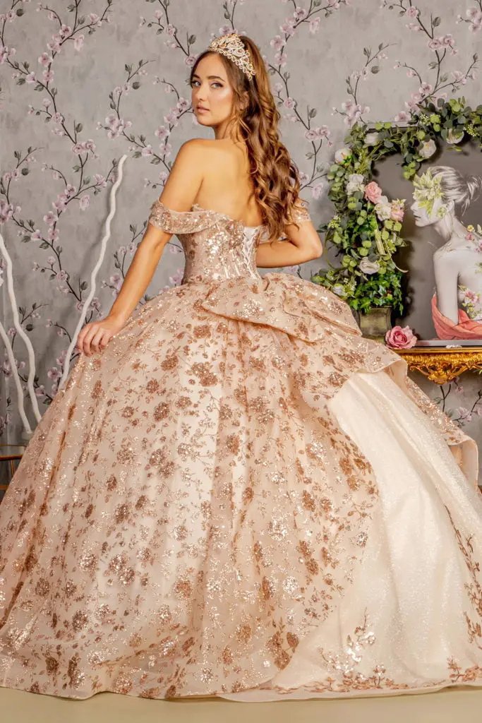 Metallic 3-D Flower Off Shoulder Mesh Ball Gown w/ Ruffled Back by Tux-USA