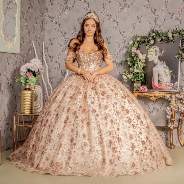 Metallic 3-D Flower Off Shoulder Mesh Ball Gown w/ Ruffled Back by Tux-USA