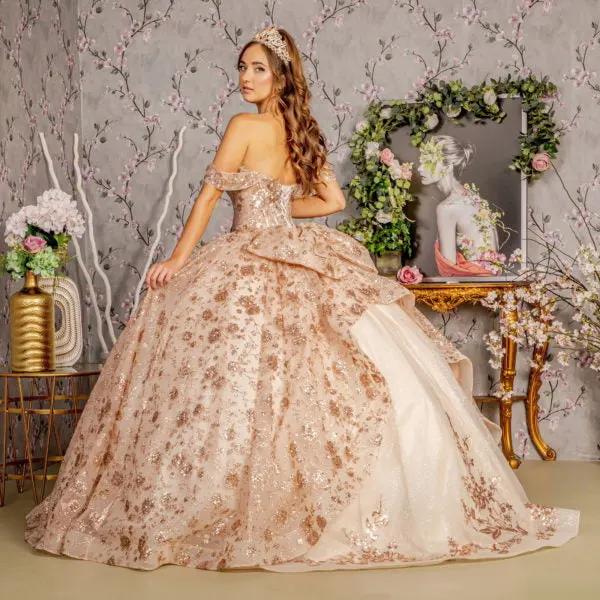 Metallic 3-D Flower Off Shoulder Mesh Ball Gown w/ Ruffled Back by Tux-USA
