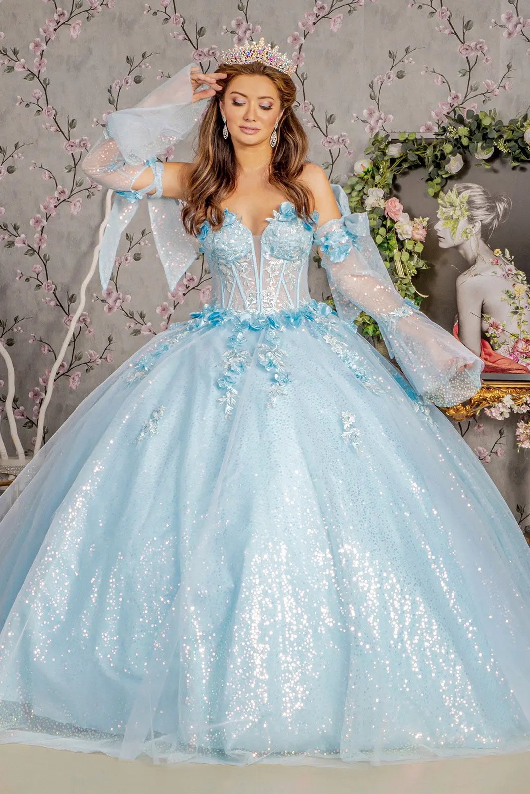 3-D Flower Jewel Sheer Bodice Mesh Ball Gown w/ Long Sleeves by Tux-USA