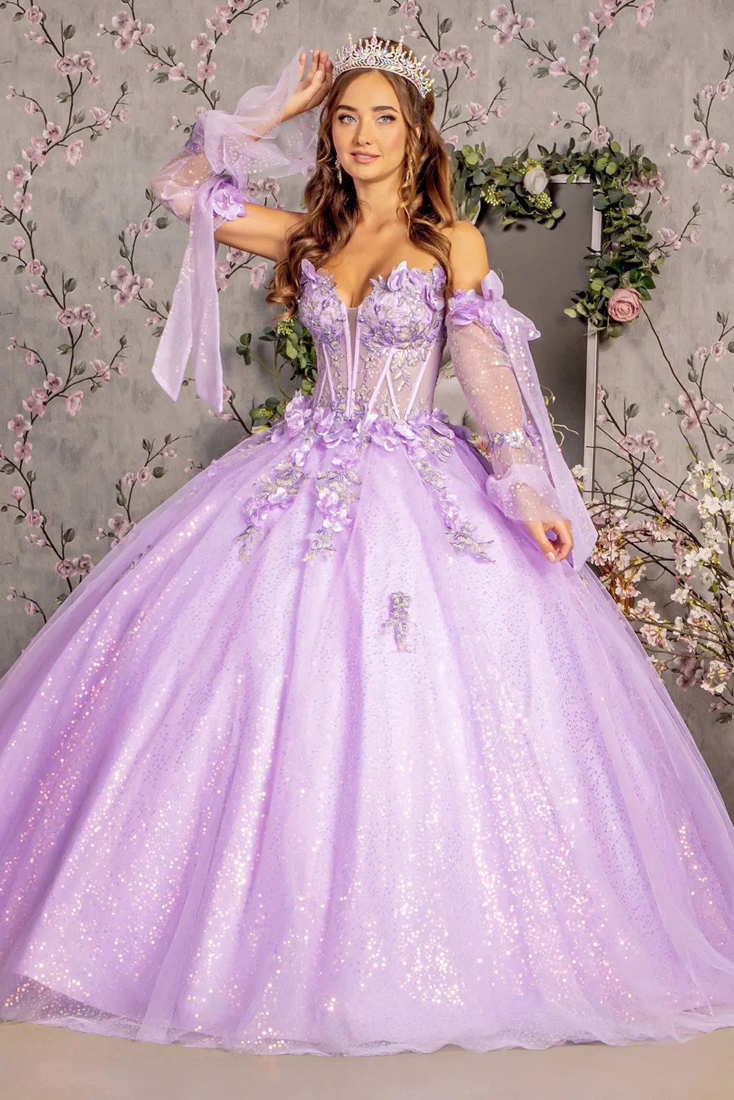 3-D Flower Jewel Sheer Bodice Mesh Ball Gown w/ Long Sleeves by Tux-USA