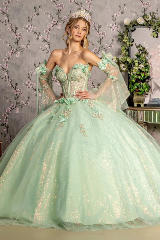 3-D Flower Jewel Sheer Bodice Mesh Ball Gown w/ Long Sleeves by Tux-USA
